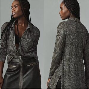 NWT Pilcro silver lurex and black button down with split hem. 30" length. SZ M